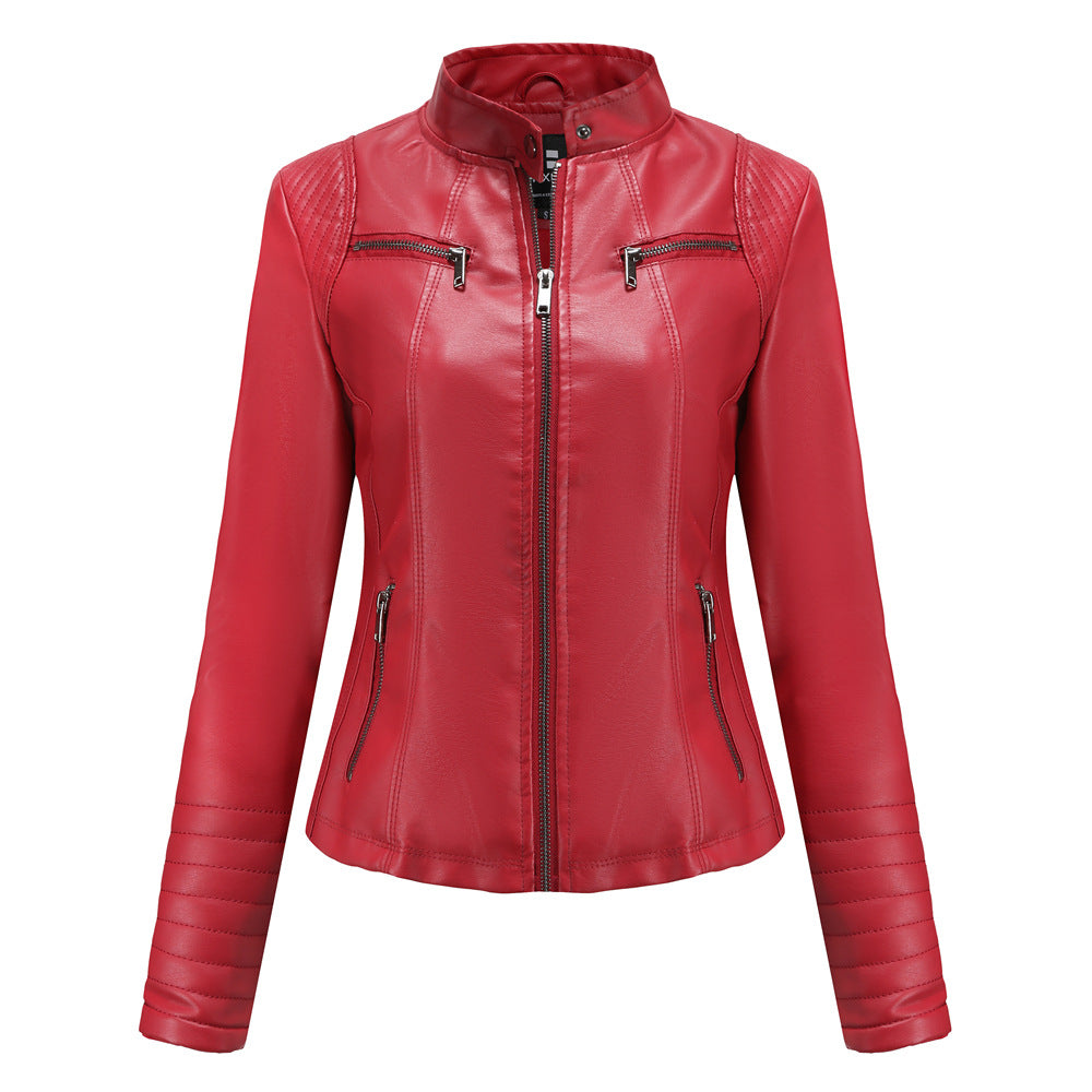 Stand Collar Zipper Faux Leather Jacket