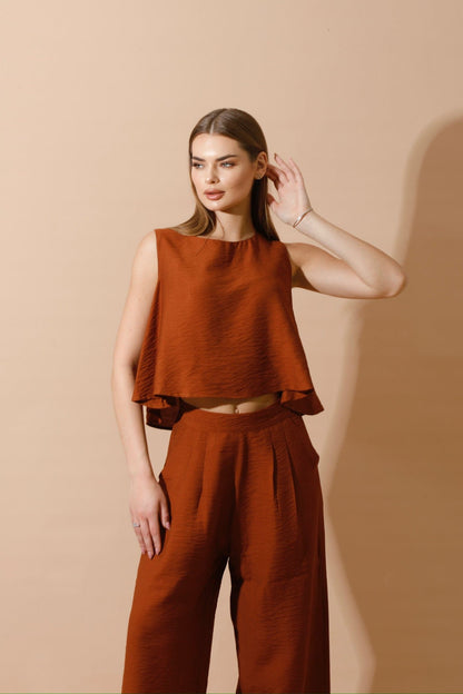 Linen-Blend Sleeveless Tank Top & Wide Leg Trouser Pant - Brown-4