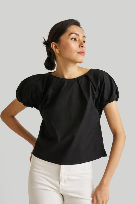 Balloon Sleeve Top in Black-0