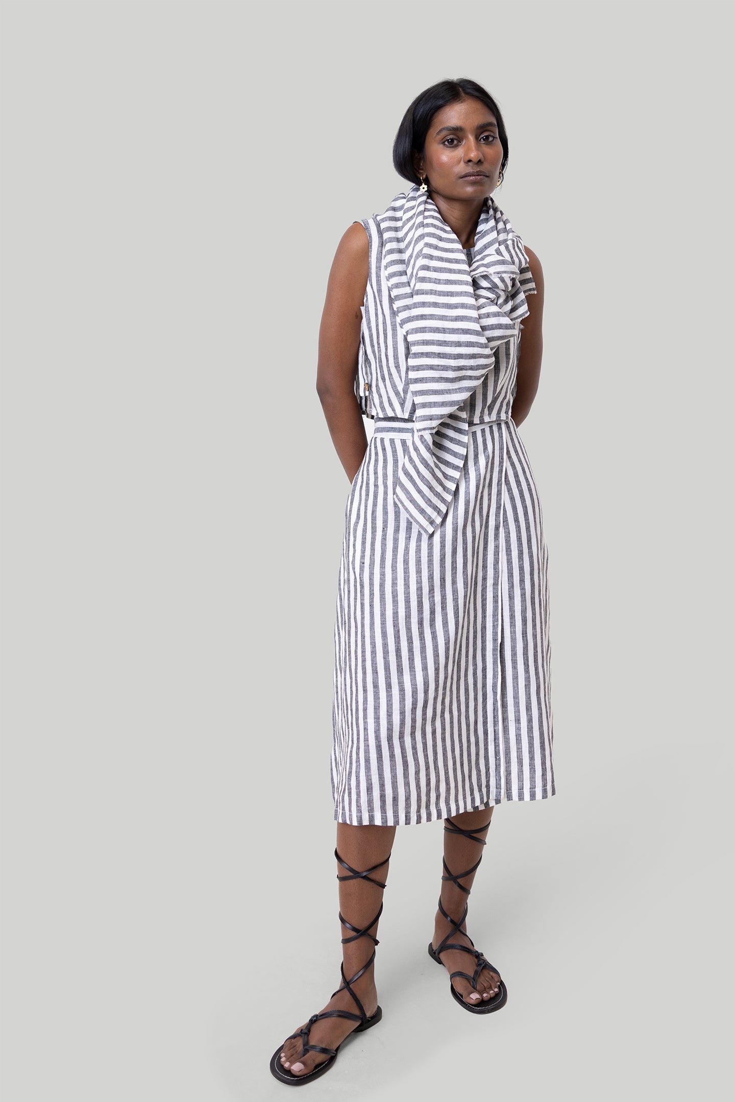 Overlap Midi Skirt in Linen Stripes-2