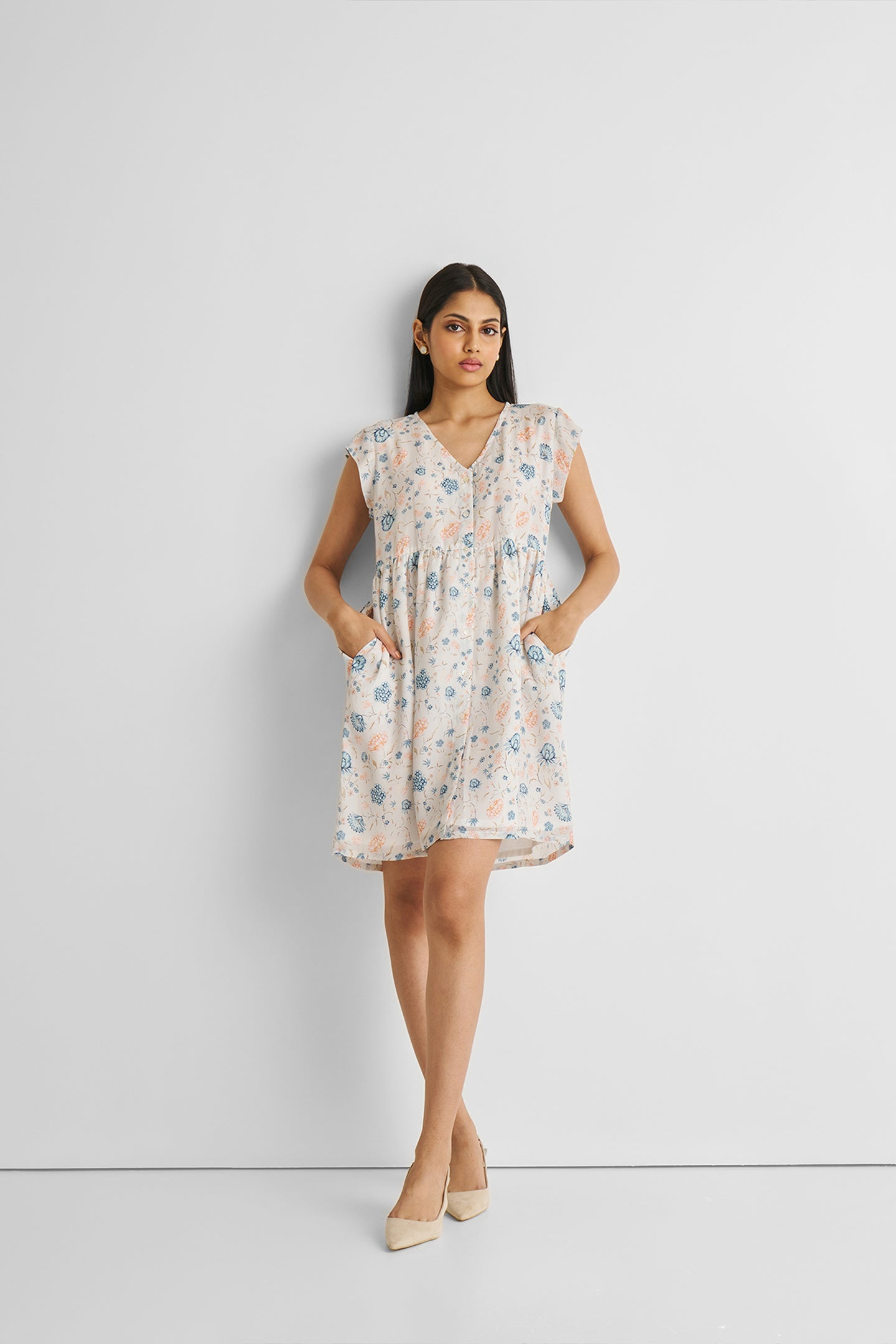 Cap Sleeved Short Dress in Florals-3