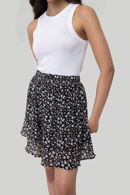 Drawstring Short Skirt in Black Floral-3