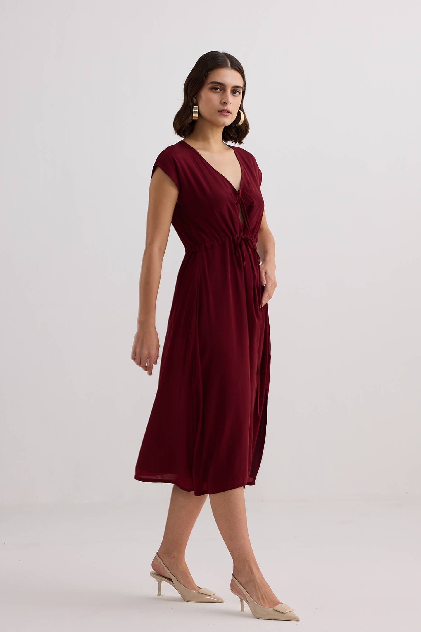 Deep V-neck Gathered Dress in Burgundy-2