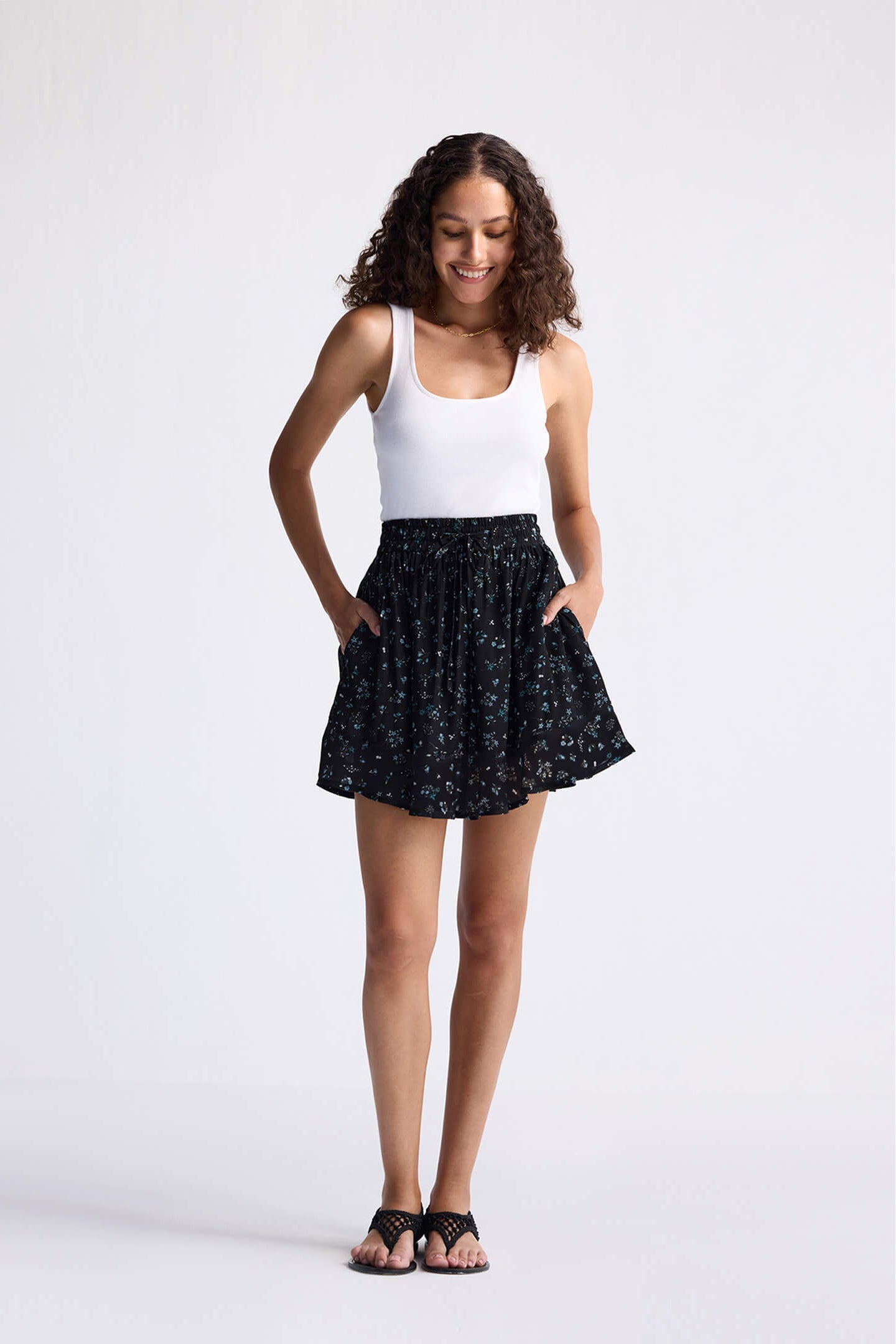 Drawstring Short Skirt in Dark Blue Florals-0