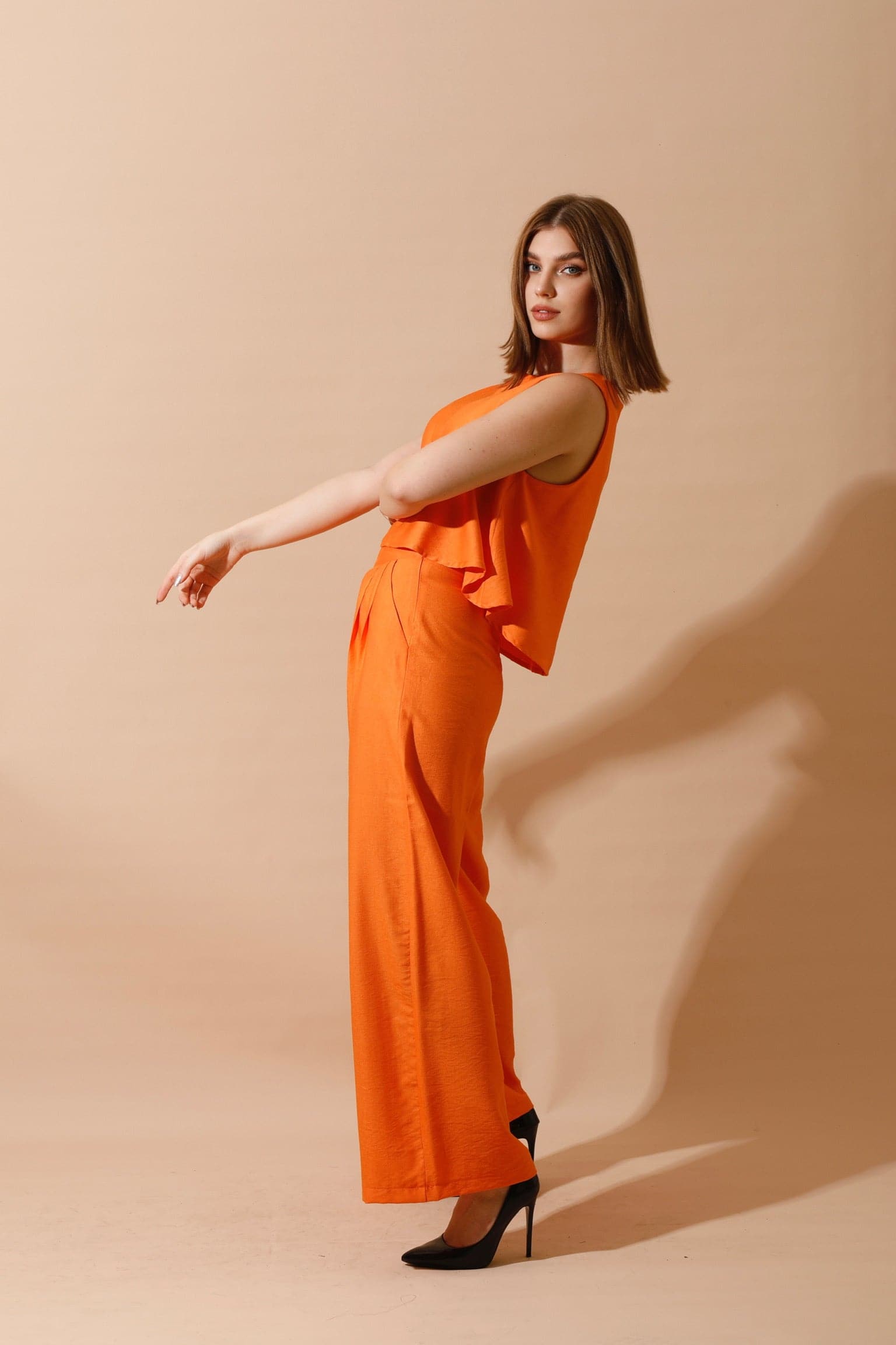 Linen-Blend Sleeveless Tank Top & Wide Leg Trouser Pant - Orange-1