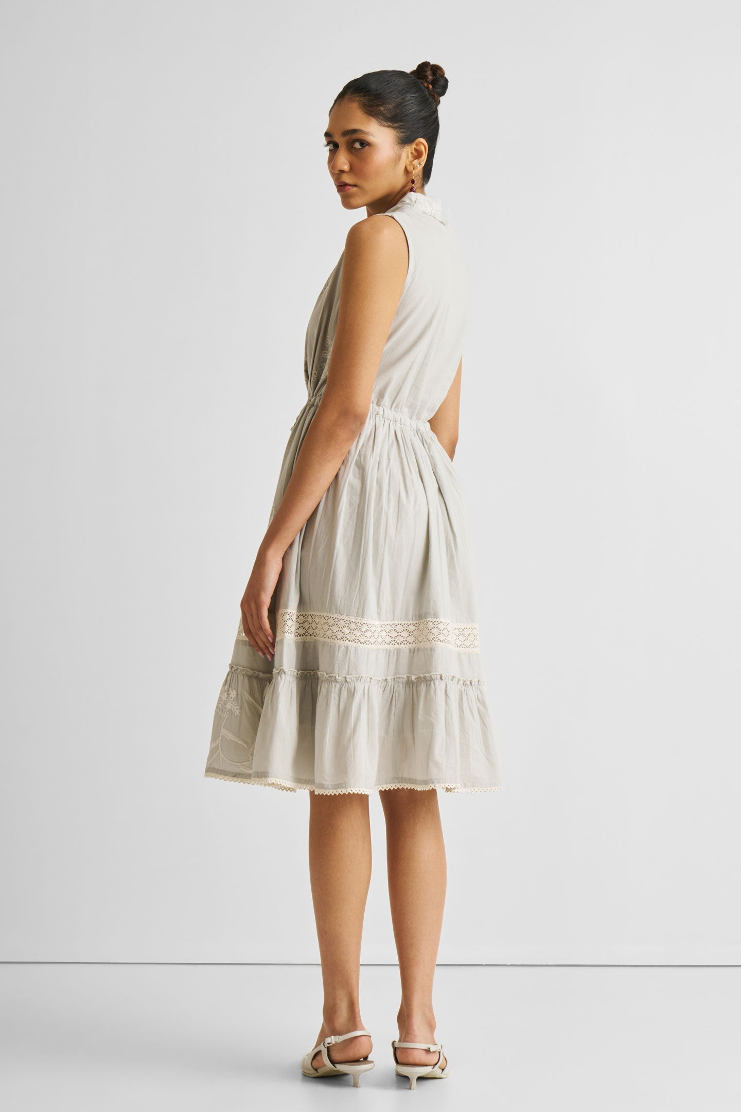 Embroidered Drawstring Gathered Dress in Grey-1