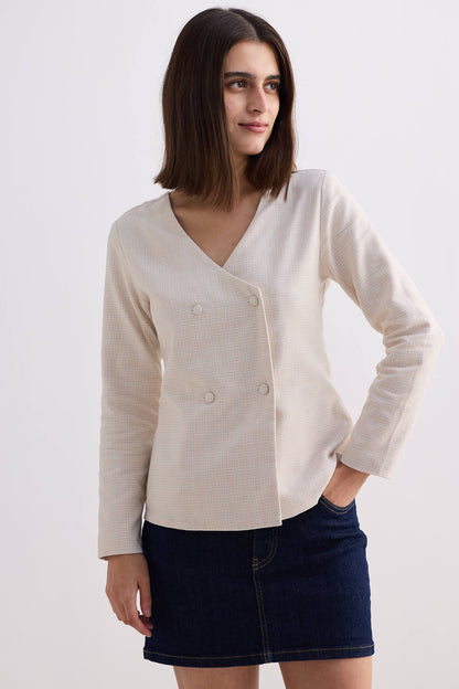 Fitted Cotton Tweed Jacket in Cream-2