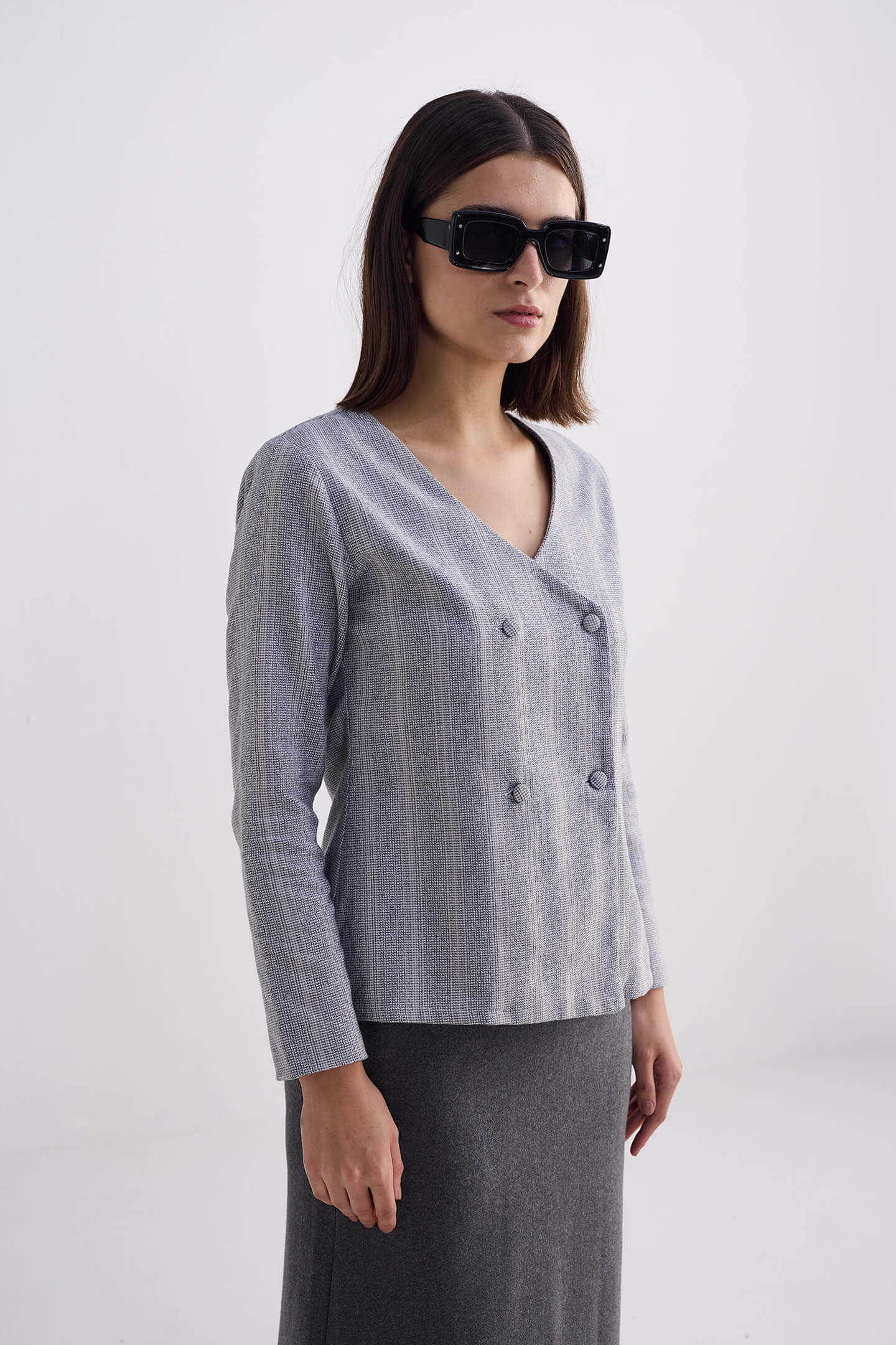 Fitted Cotton Tweed Jacket in Grey-2