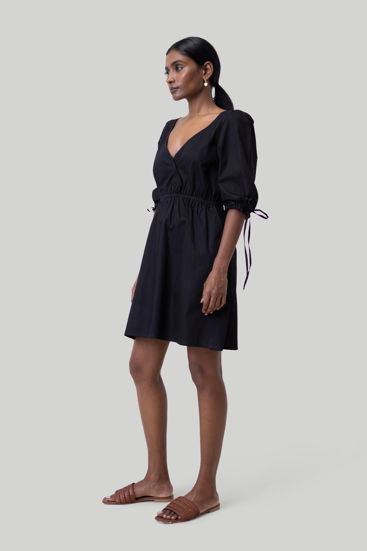 Gathered Elbow Sleeve Short Dress in Black-4