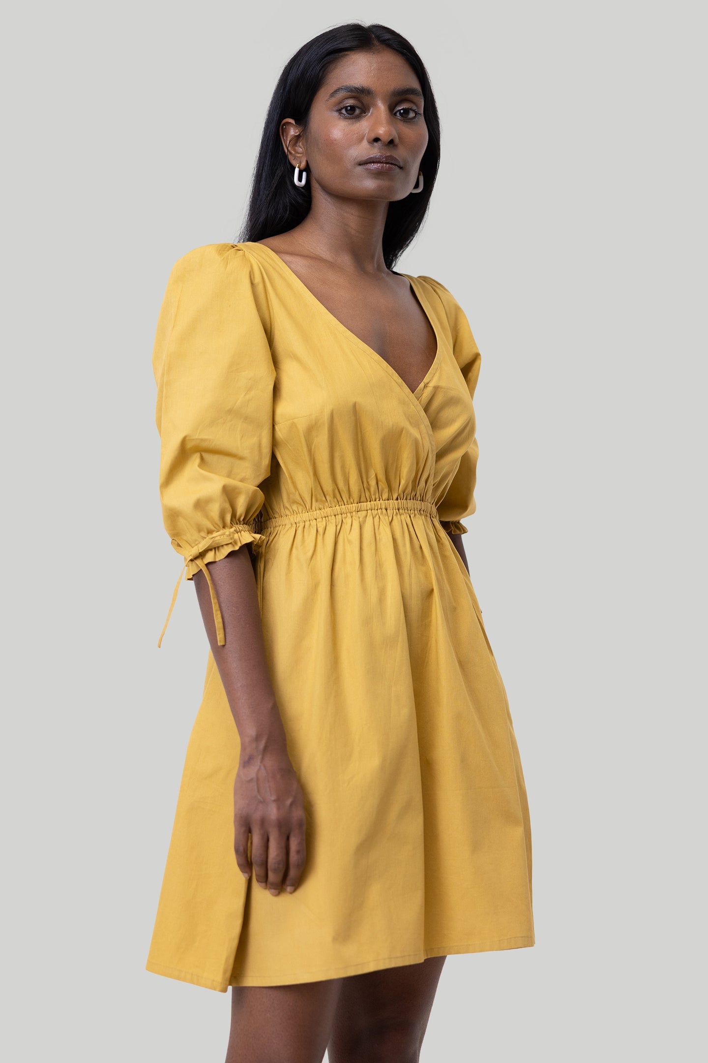 Gathered Elbow Sleeve Short Dress in Mustard-3