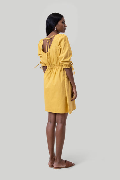 Gathered Elbow Sleeve Short Dress in Mustard-1