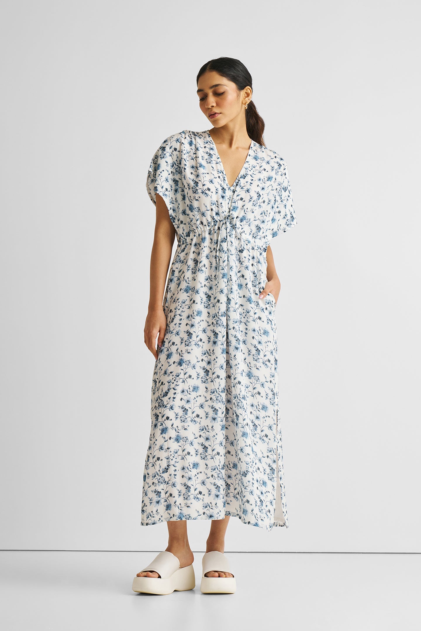 Gathered Maxi Dress in Blue Florals-3