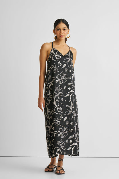 Midi Slip Dress in Black Florals-2