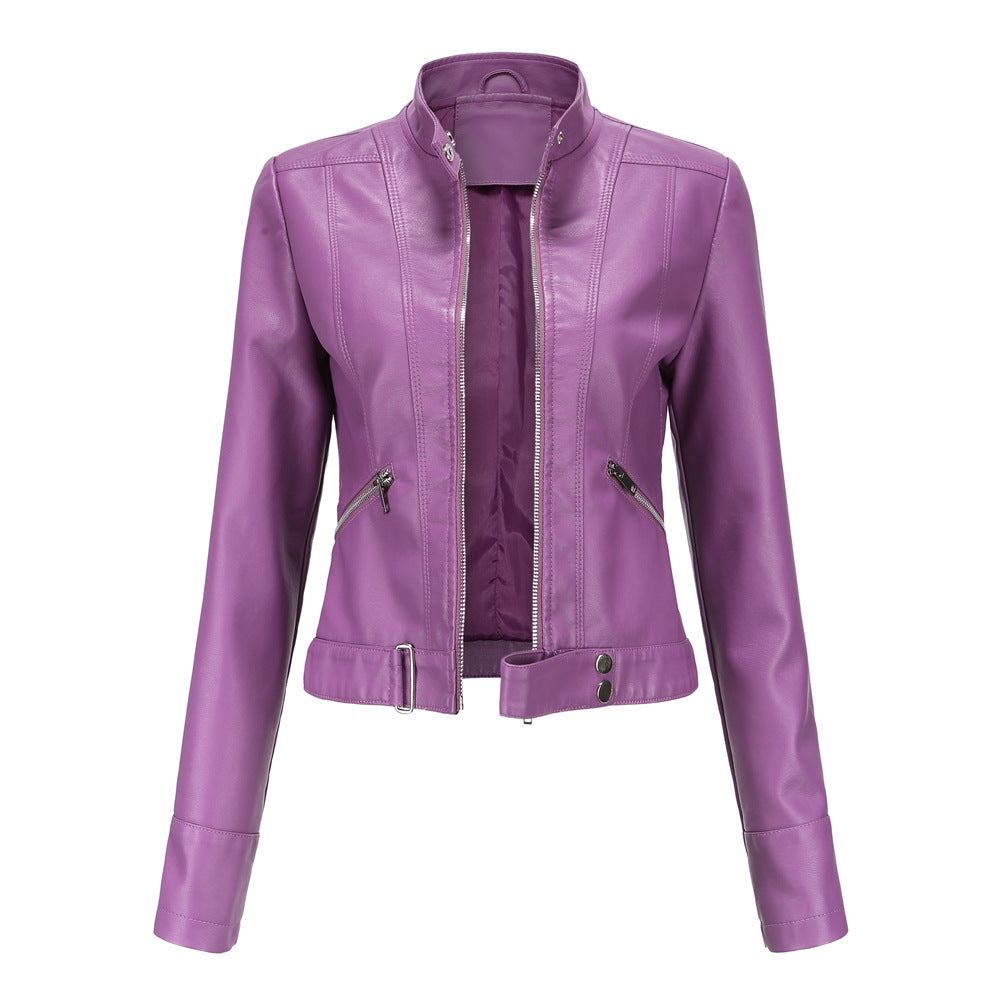 Stand Button Collar Faux Leather Jacket
