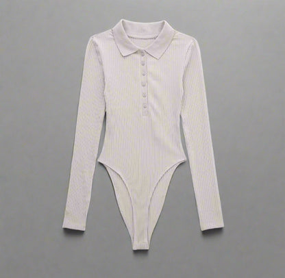 Classic Ribbed Long Sleeve Bodysuit - available in white, light gray, and brown, collared neckline, long sleeves, button-up front, ribbed fabric, fitted design, perfect for layering or wearing on its own.