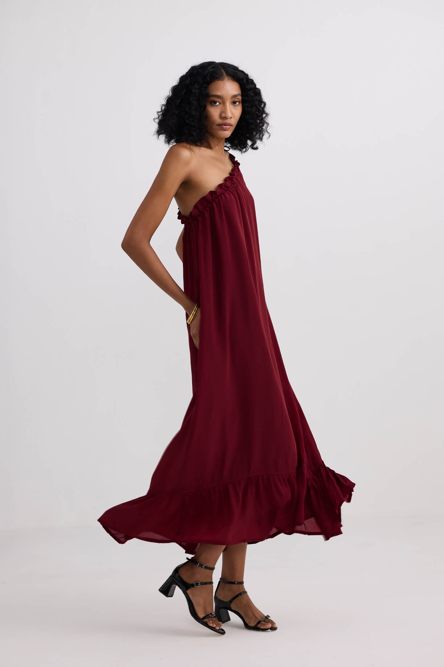 One-shoulder Midi dress in Burgundy-2