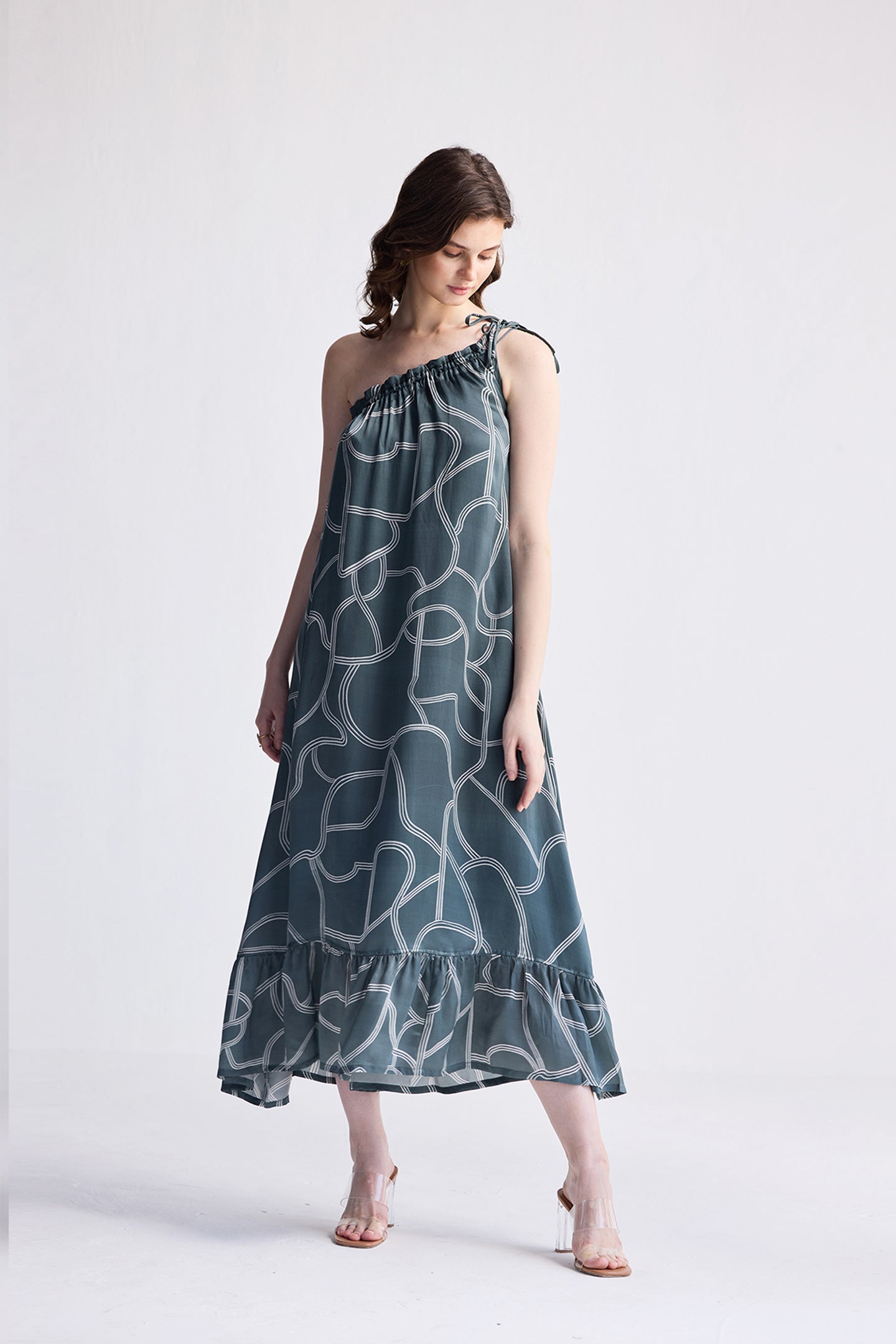 One Shoulder Maxi Dress in Abstract Stripes-0