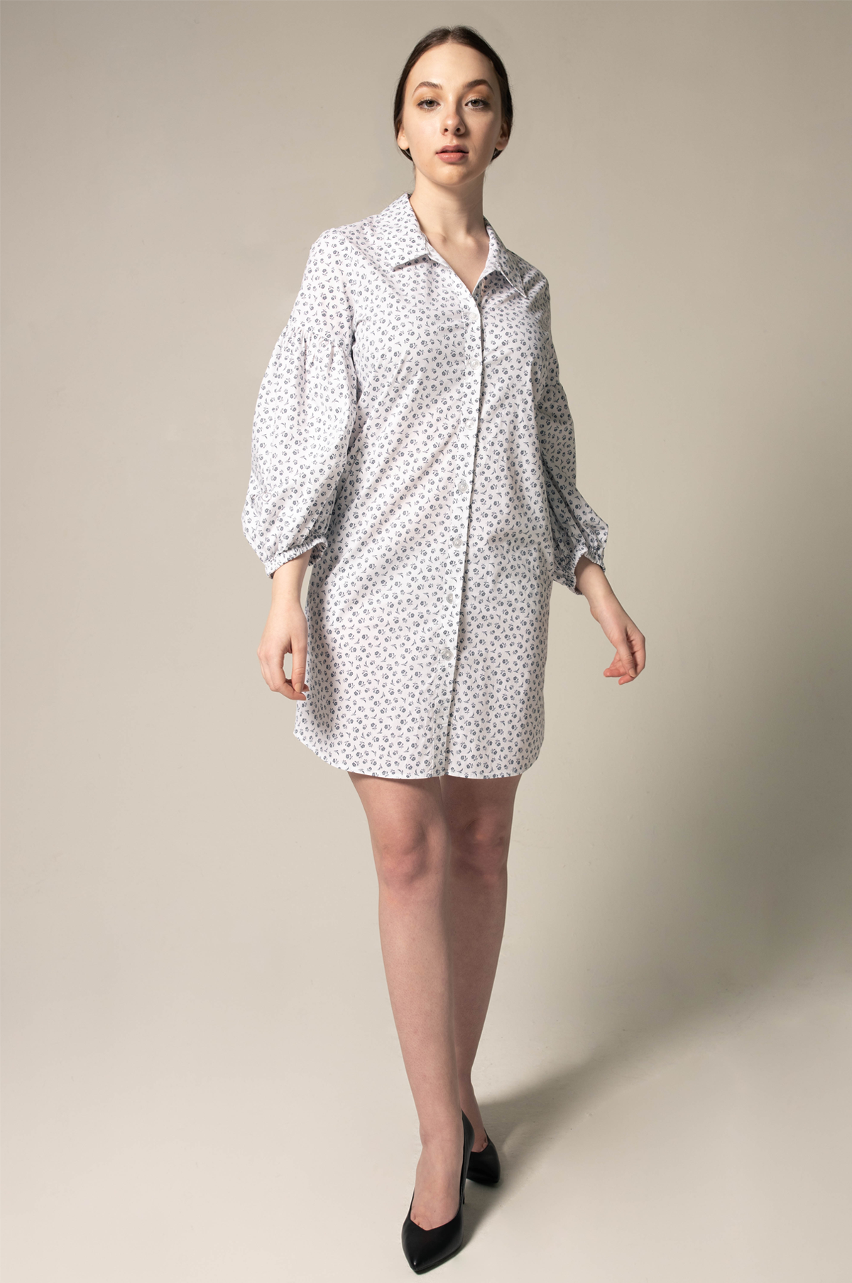 Shirt Dress with Oversized Sleeves in White Floral-1