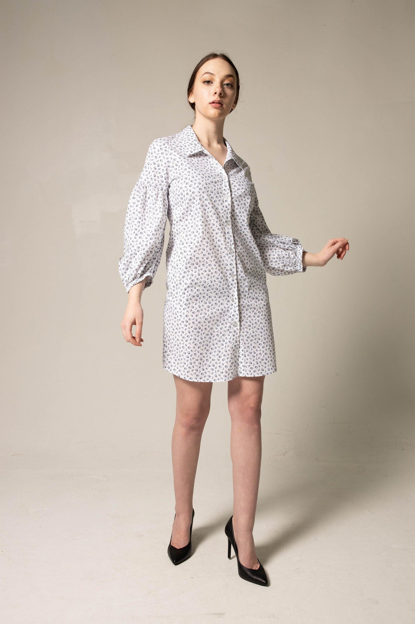 Shirt Dress with Oversized Sleeves in White Floral-3