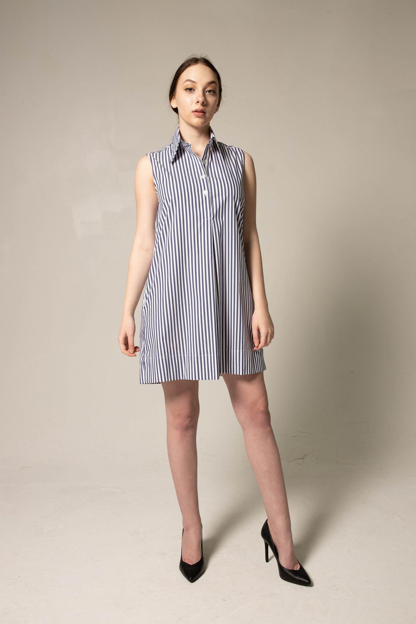 Italian Cotton Blue Stripe Sleeveless Dress-3