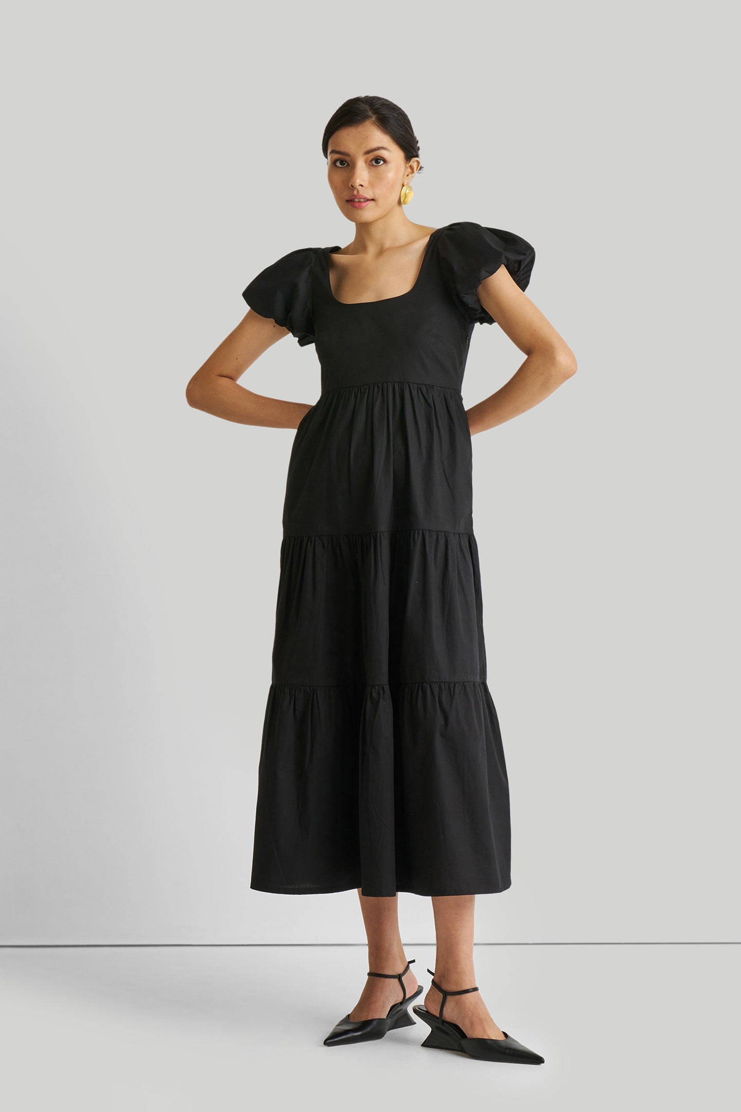 Puff Sleeve Tiered Maxi Dress in Black-4