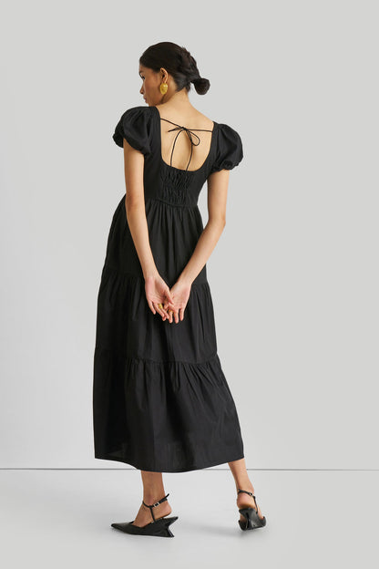 Puff Sleeve Tiered Maxi Dress in Black-1