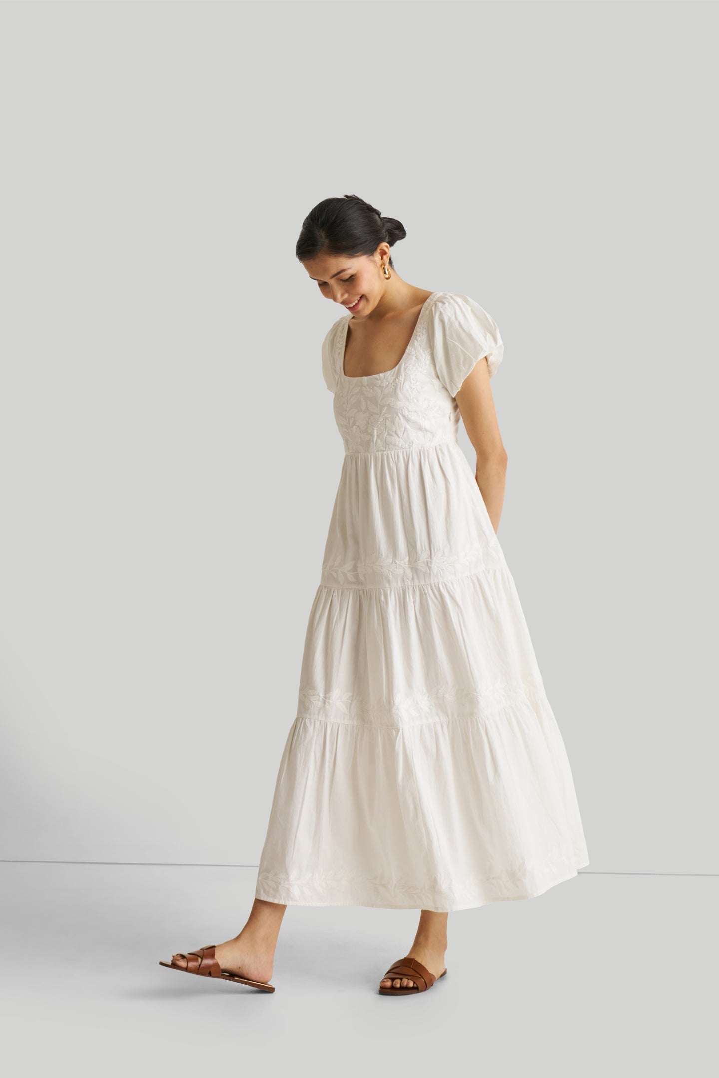 Puff Sleeve Embroidered Tiered Dress in White-4