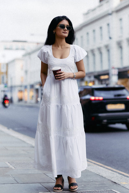 Puff Sleeve Embroidered Tiered Dress in White-0