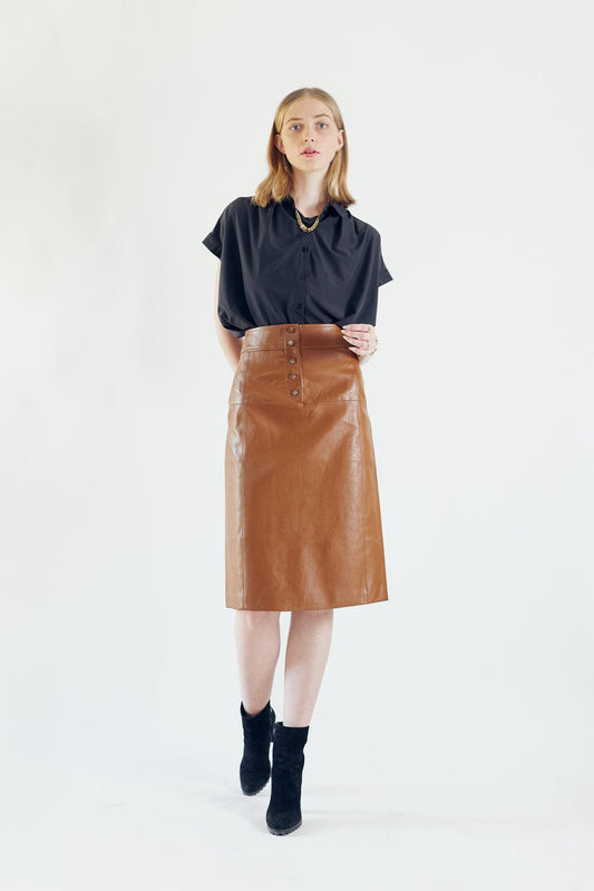 Glossy Brown Vegan Leather Pencil Skirt-0