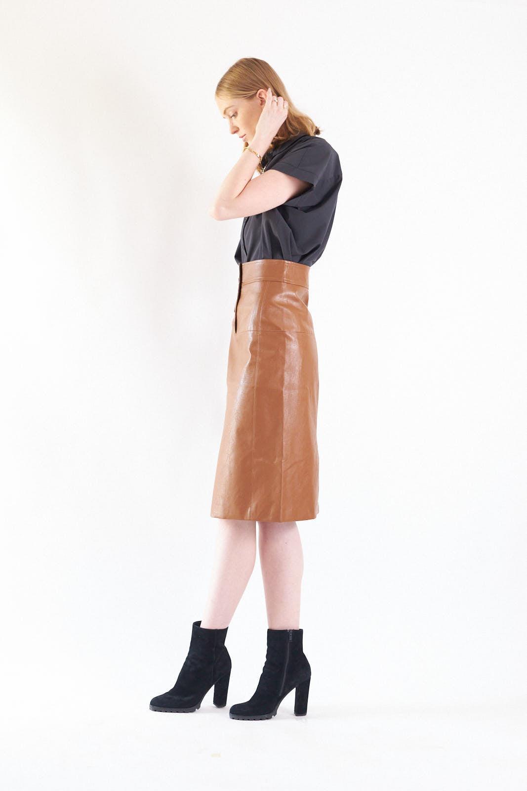 Glossy Brown Vegan Leather Pencil Skirt-3