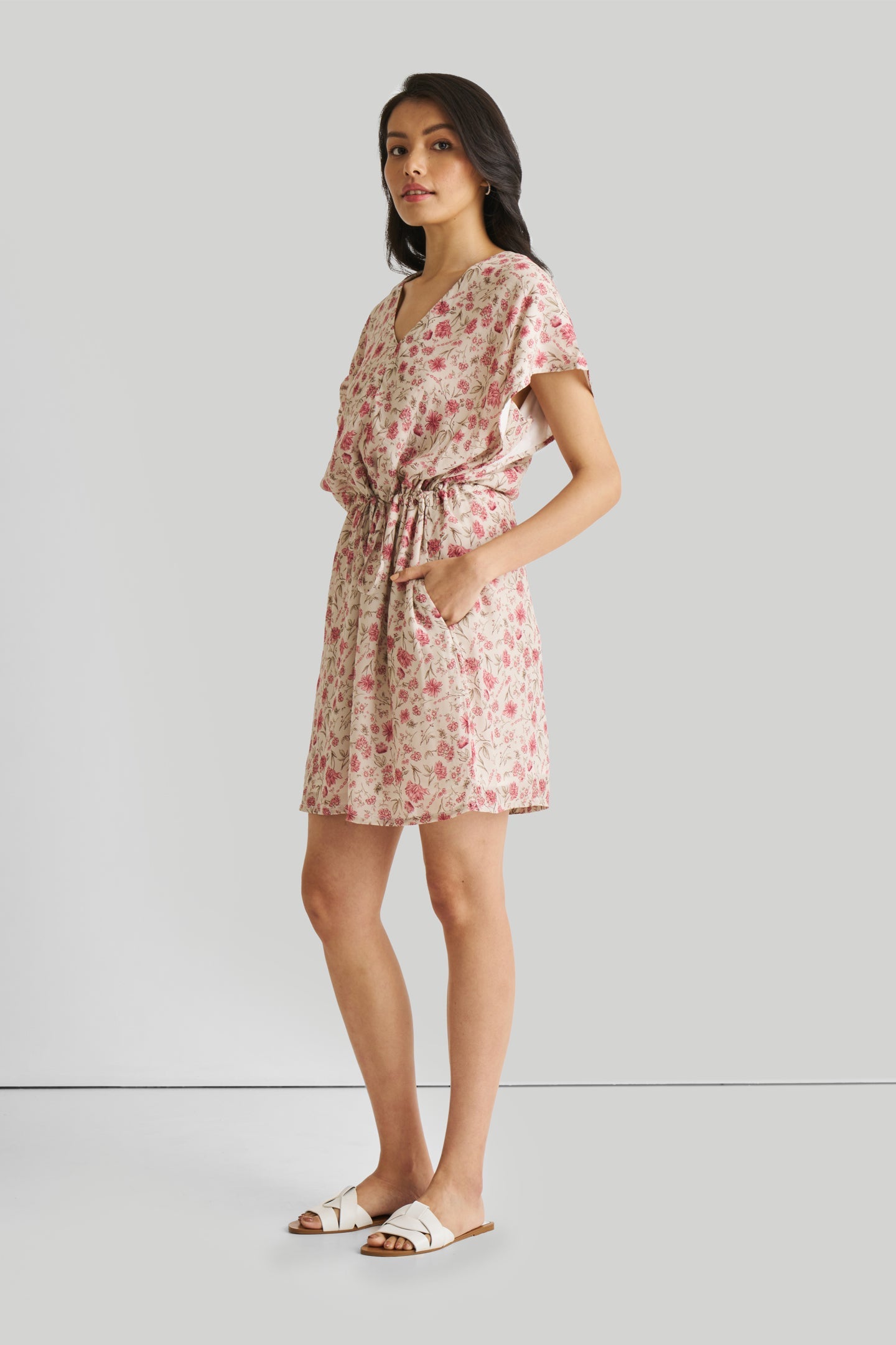 Relaxed Drawstring Floral Dress-4