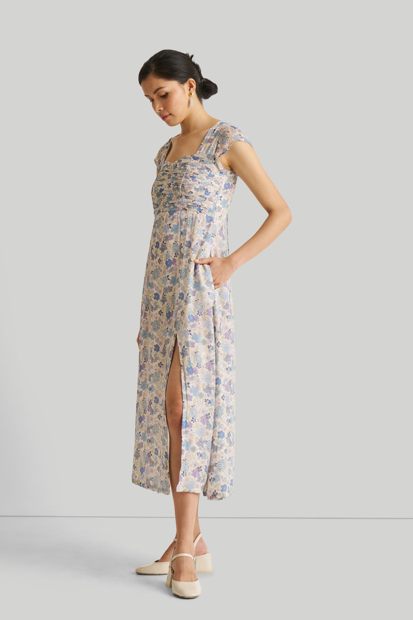 Ruched Dress in Blue Florals-0