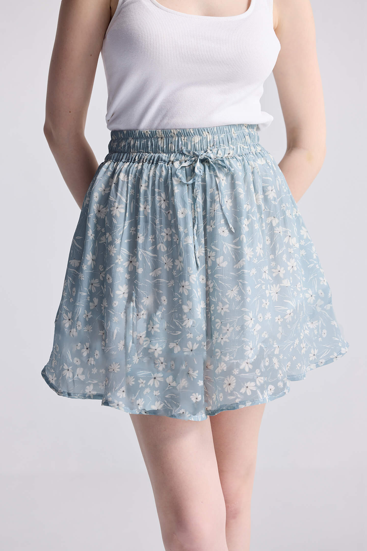 Drawstring Short Skirt in Light Blue Florals-1