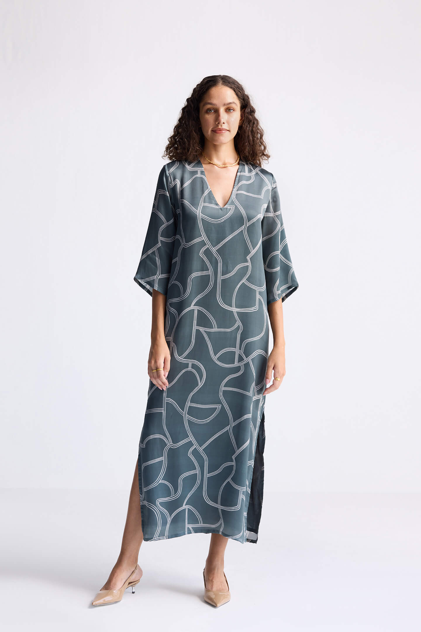 Maxi Dress with Side Slits in Abstract Stripes-3