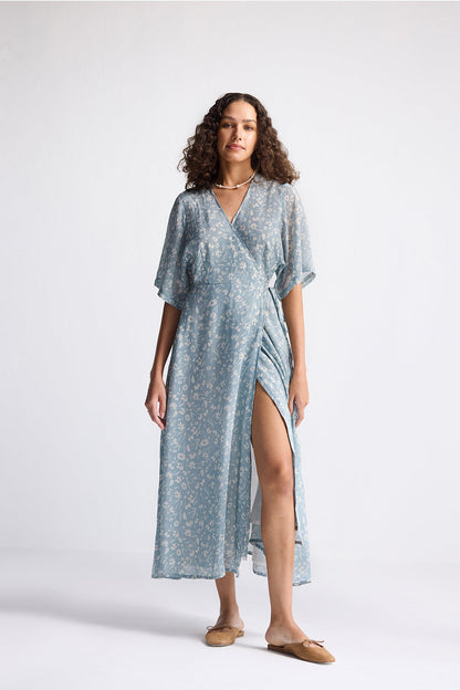 Maxi Wrap Dress in Light Blue Florals-4