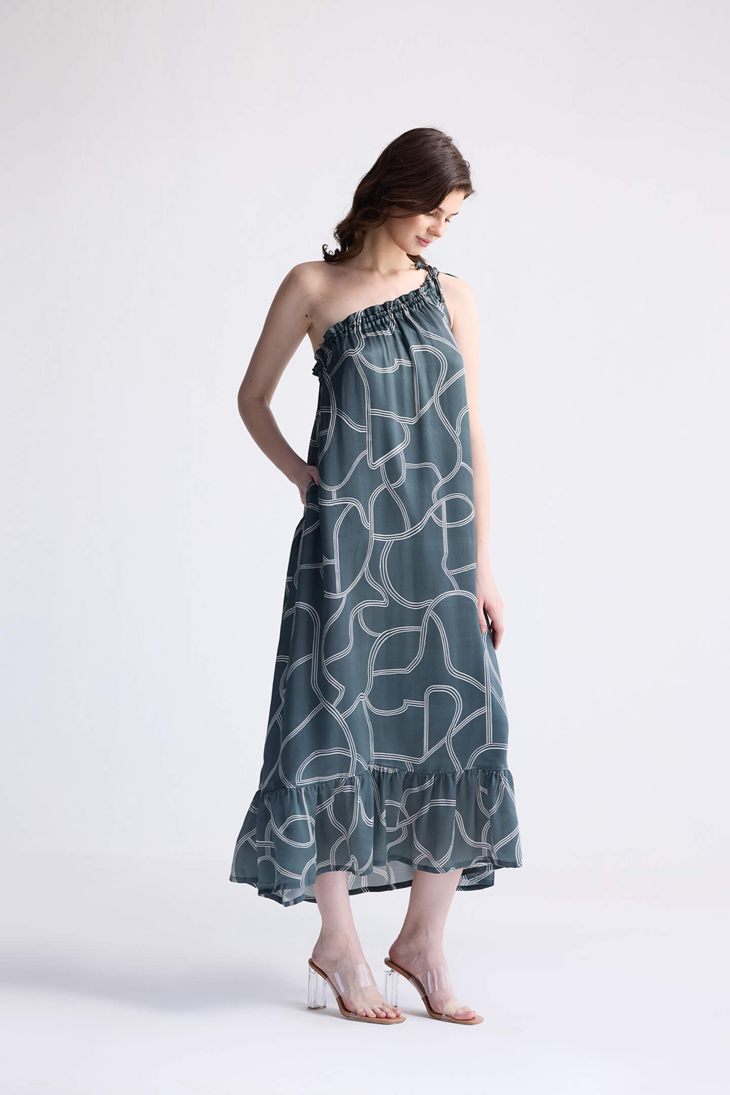 One Shoulder Maxi Dress in Abstract Stripes-3