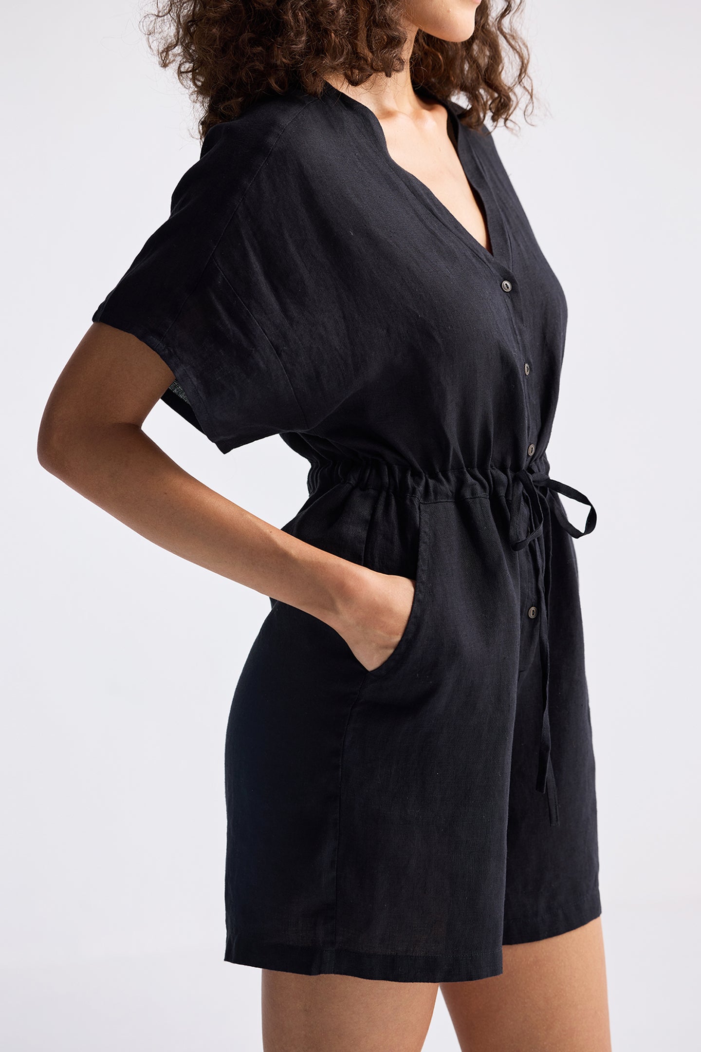 V neck Drawstring Romper in Black-2