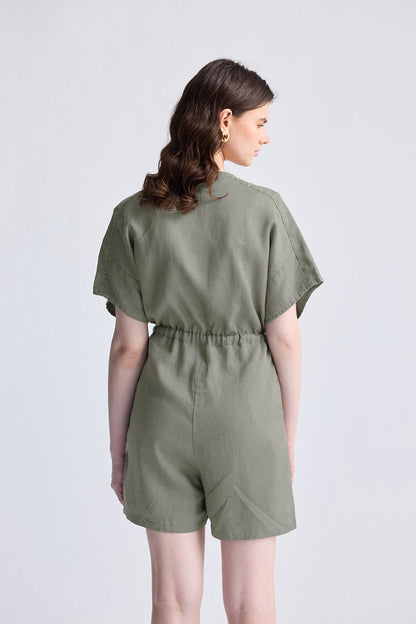 V neck Drawstring Romper in Dark Green-1