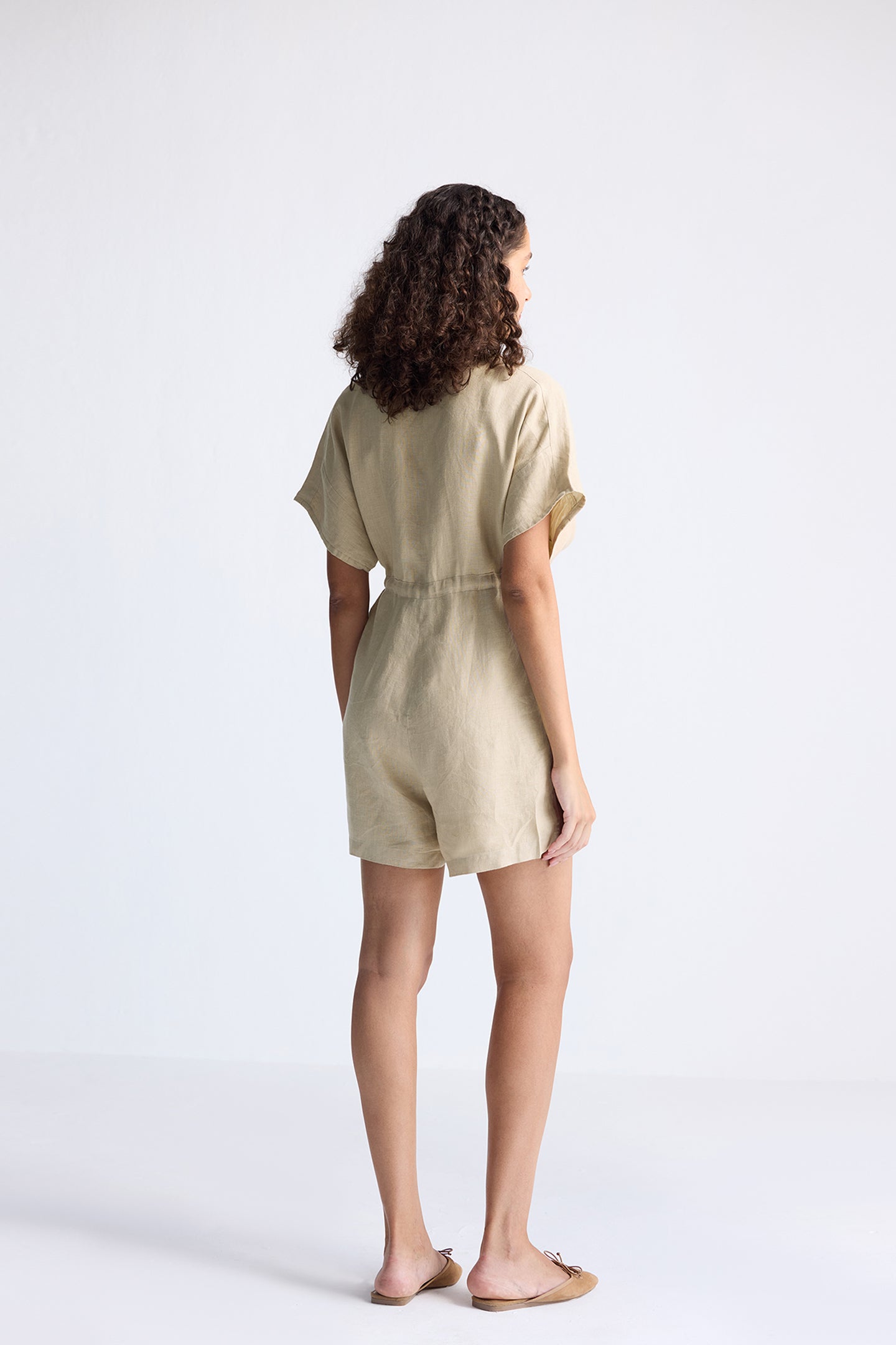 V neck Drawstring Romper in Neutral Beige-1