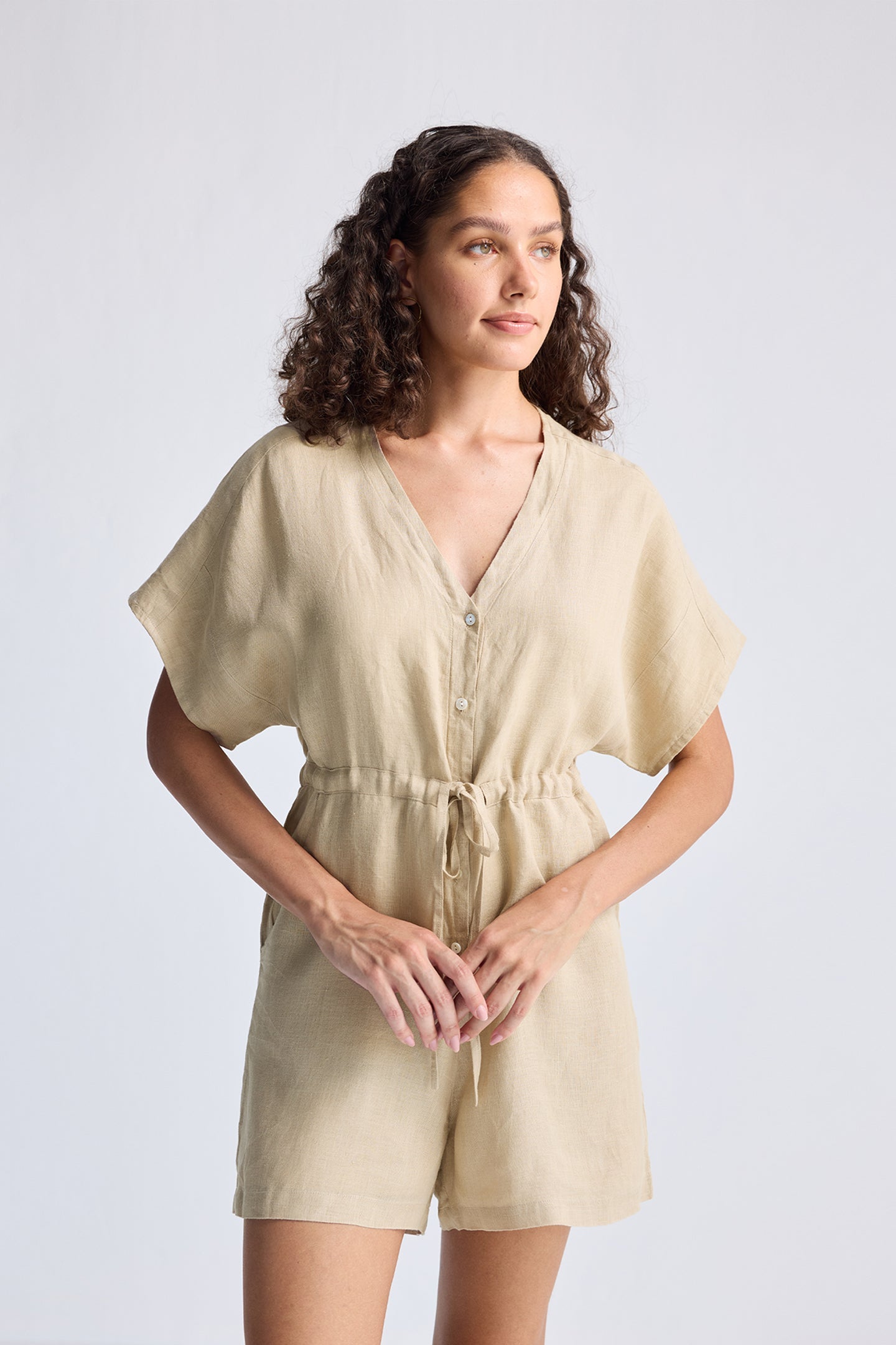 V neck Drawstring Romper in Neutral Beige-4