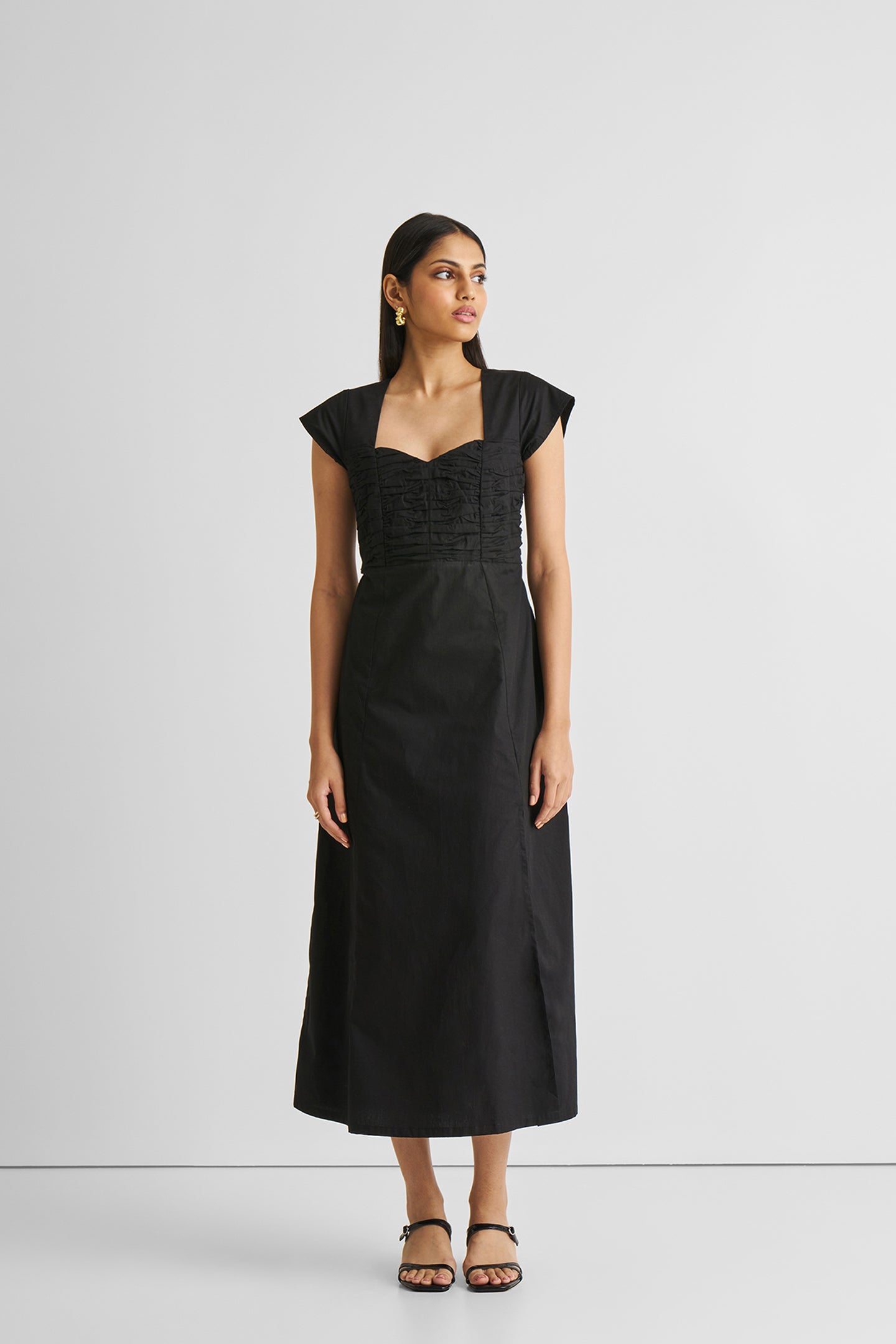 Ruched Dress with Front Slit in Black-4