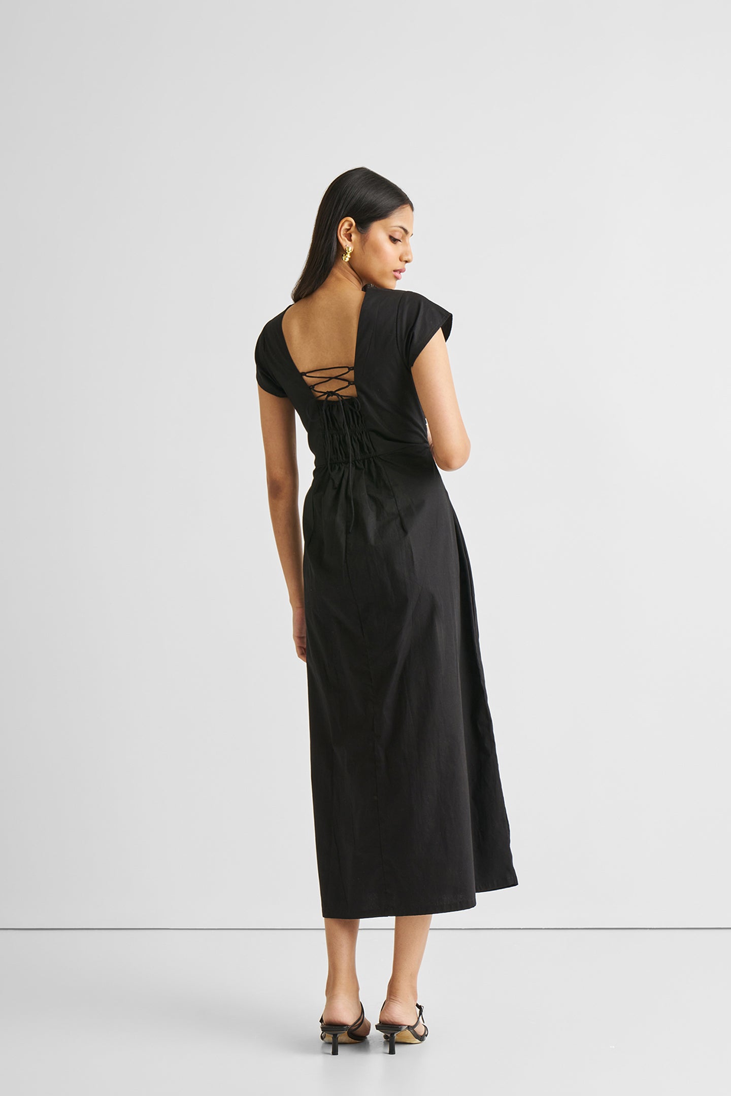 Ruched Dress with Front Slit in Black-1