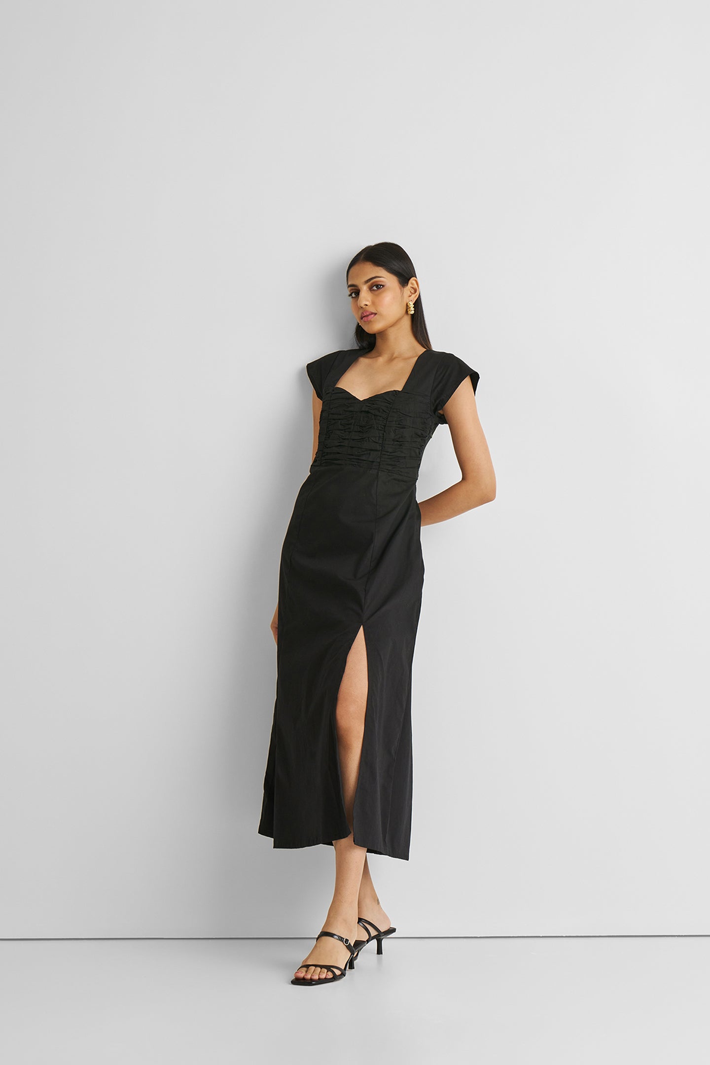 Ruched Dress with Front Slit in Black-2