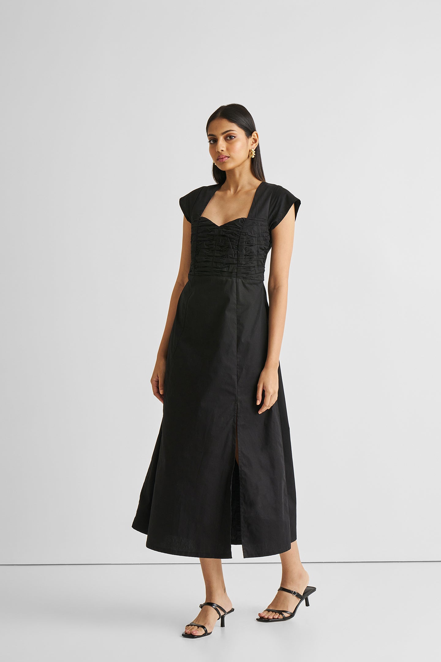 Ruched Dress with Front Slit in Black-3