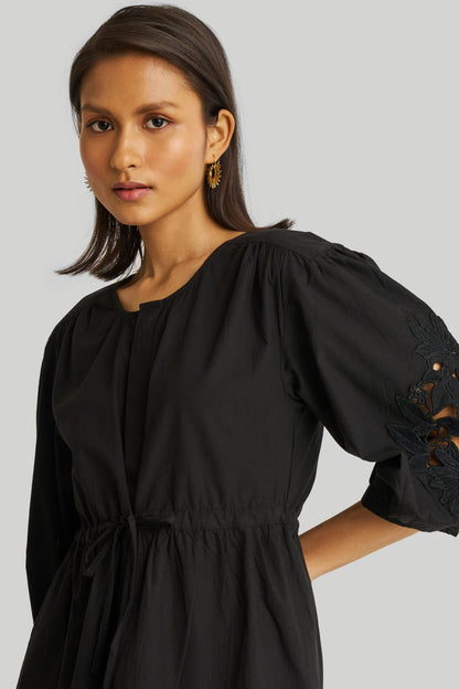 Shirt Dress with Balloon Sleeves in Black-3