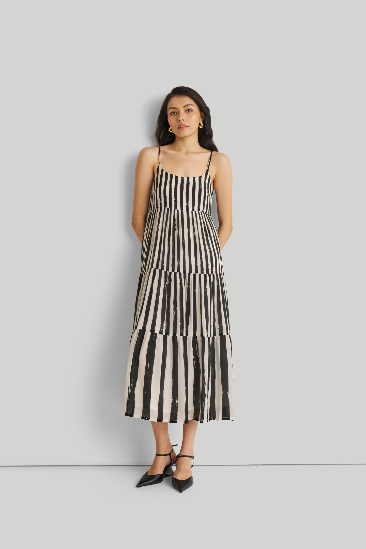 Strappy Tiered Maxi Dress in Black Stripes-4