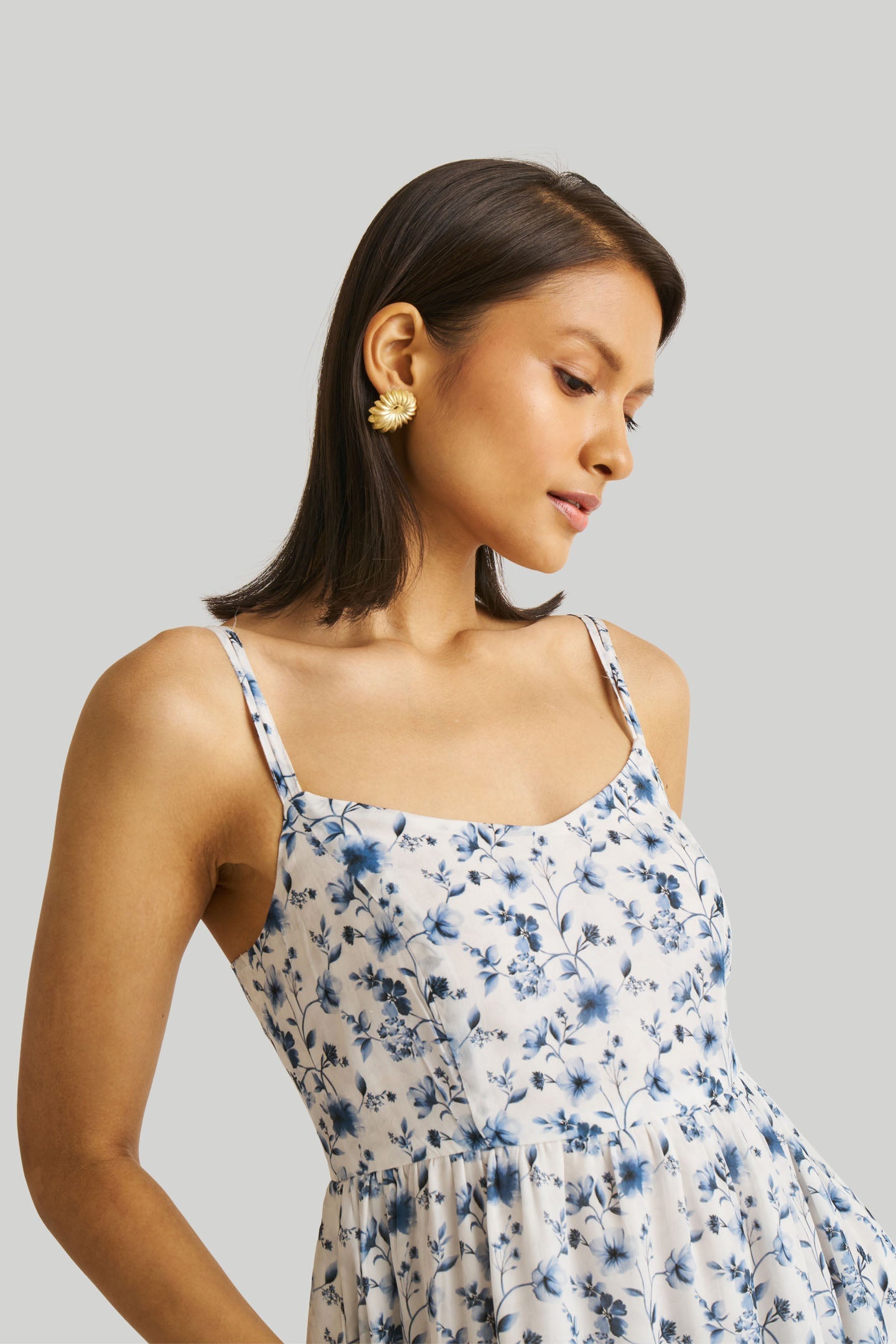 Strappy Gathered Blue Floral Midi Dress-4