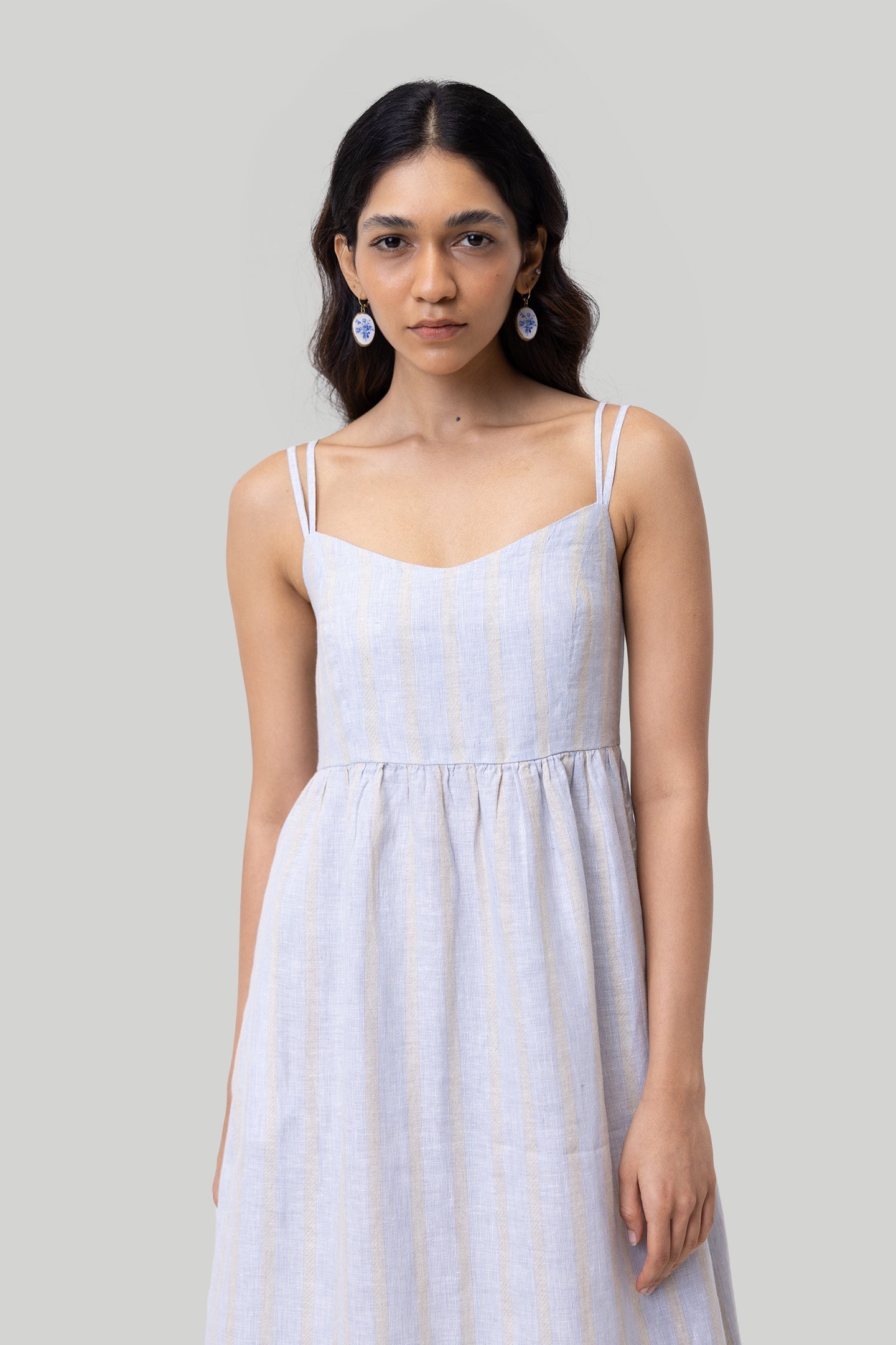 Strappy Gathered Midi Dress in Linen Stripes-2