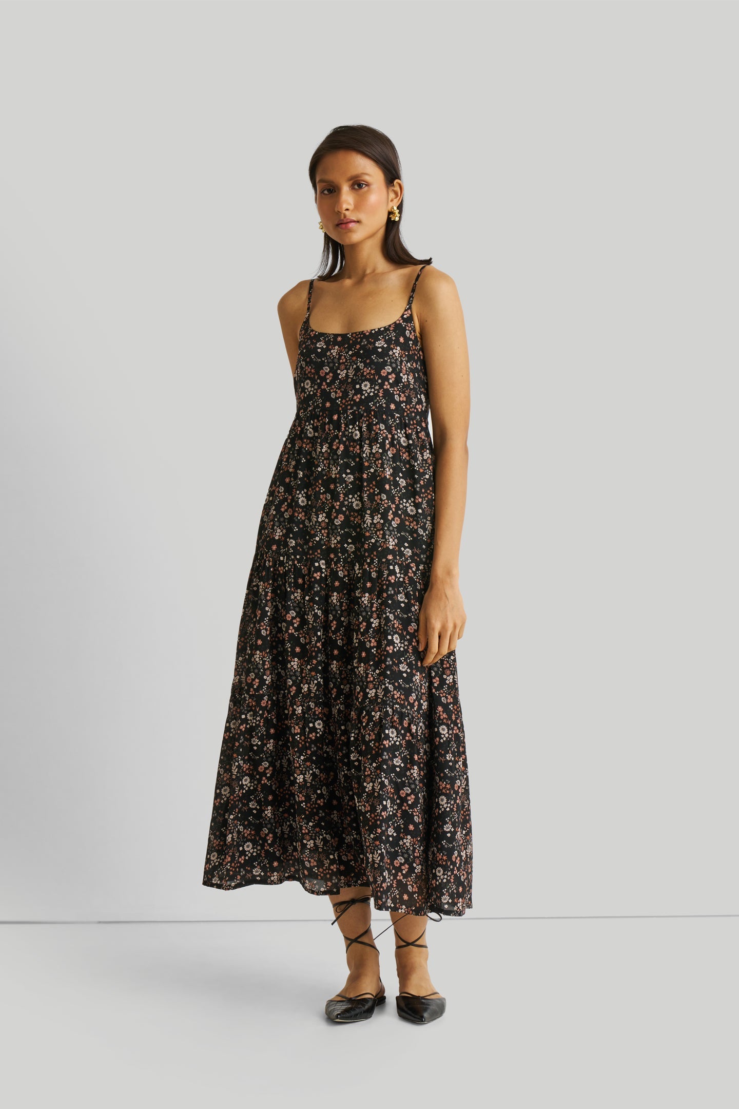 Strappy Tiered Maxi Dress in Black Florals-2