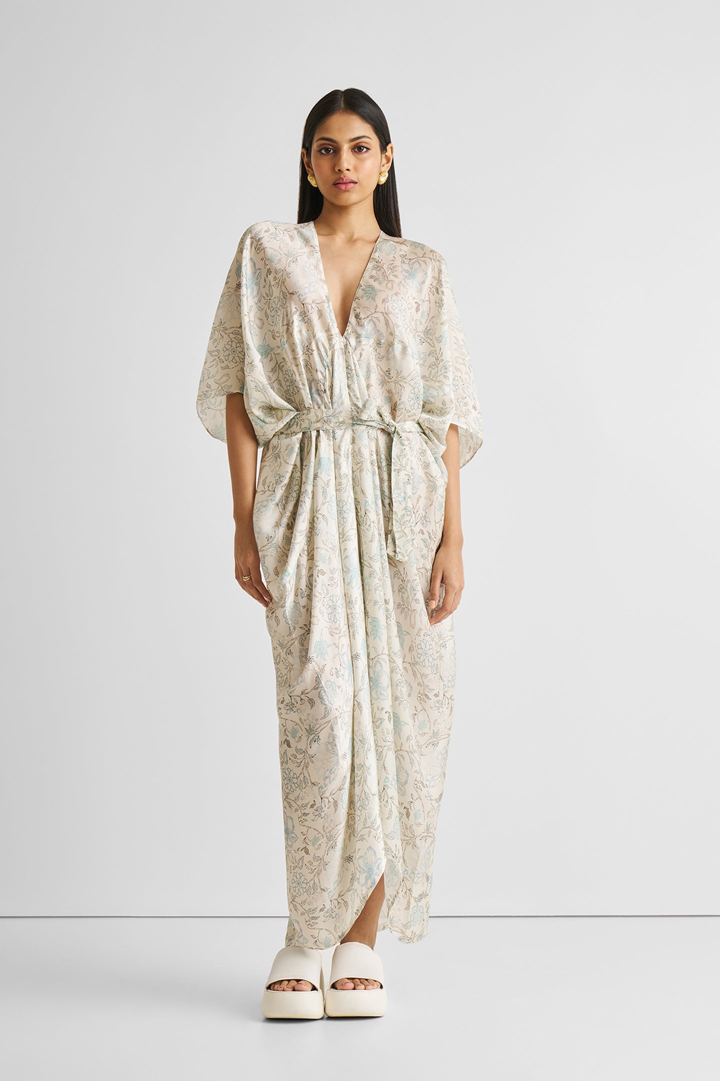 Silky Kaftan Dress in Blue Florals-3